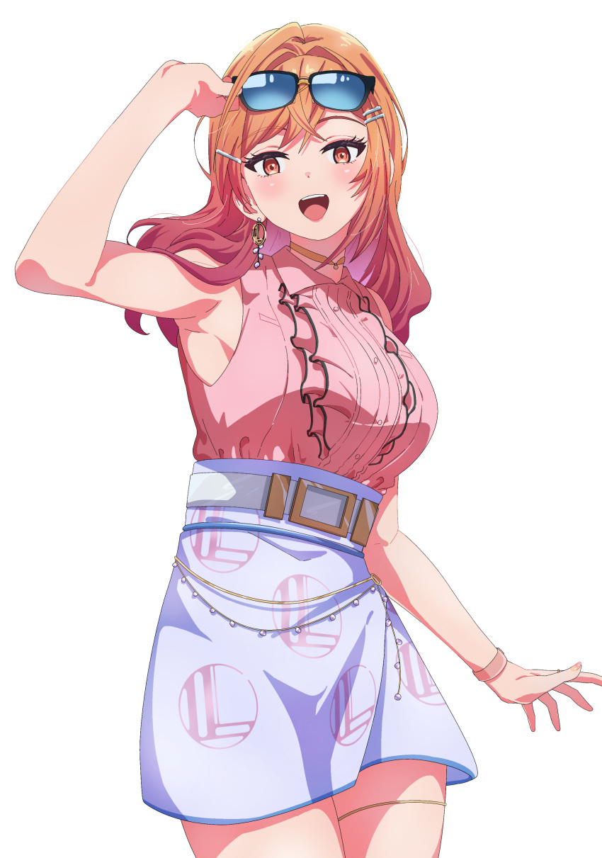 1girl absurdres adjusting_eyewear ahoge arm_up armpits belt blush breasts choker contrapposto cowboy_shot earrings eyewear_on_head gradient_hair hair_ornament hairclip high-waist_skirt highres hololive hololive_dev_is ichijou_ririka jewelry knew_nothing large_breasts long_hair looking_at_viewer multicolored_hair open_mouth orange_eyes orange_hair pink_lips pink_nails ring simple_background single_earring skirt solo sunglasses thighlet virtual_youtuber watch white_background wristwatch