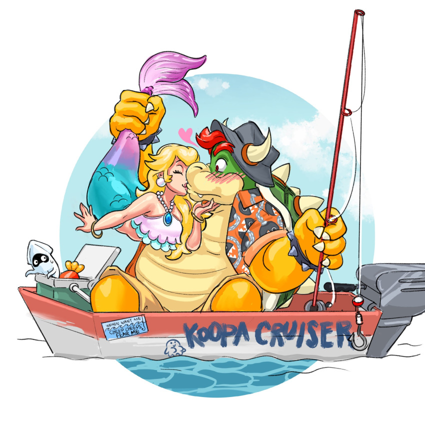 blooper_(mario) boat bowser bracelet chain_chomp cheep_cheep earrings fishing fishing_rod hat highres horns jewelry kiss mario_(series) phantomdame princess_peach princess_peach:_showtime! spiked_bracelet spikes watercraft