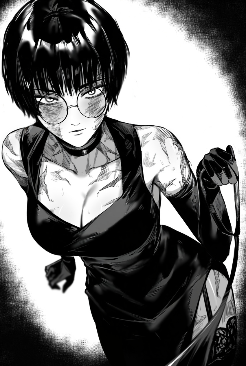 1girl absurdres alternate_costume bare_shoulders bob_cut breasts cleavage closed_mouth collarbone dress elbow_gloves glasses gloves greyscale highres holding holding_leash jujutsu_kaisen leash looking_at_viewer low_neckline monochrome pov round_eyewear scar short_hair side_slit sleeveless sleeveless_dress solo thighhighs viewer_on_leash zen'in_maki zovokia