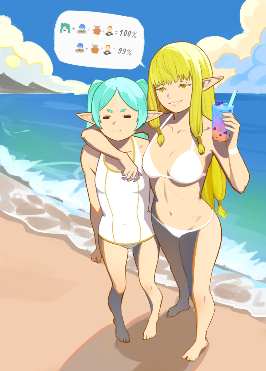 2girls aqua_hair arm_on_another's_shoulder bare_legs bare_shoulders barefoot beach bikini blonde_hair breasts closed_eyes closed_mouth cocktail covered_navel cup elf frieren full_body highres holding holding_cup lips long_hair medium_breasts multiple_girls navel ocean one-piece_swimsuit parted_lips pointy_ears serie_(sousou_no_frieren) small_breasts smaragdus sousou_no_frieren speech_bubble standing swimsuit twintails very_long_hair white_bikini white_one-piece_swimsuit yellow_eyes