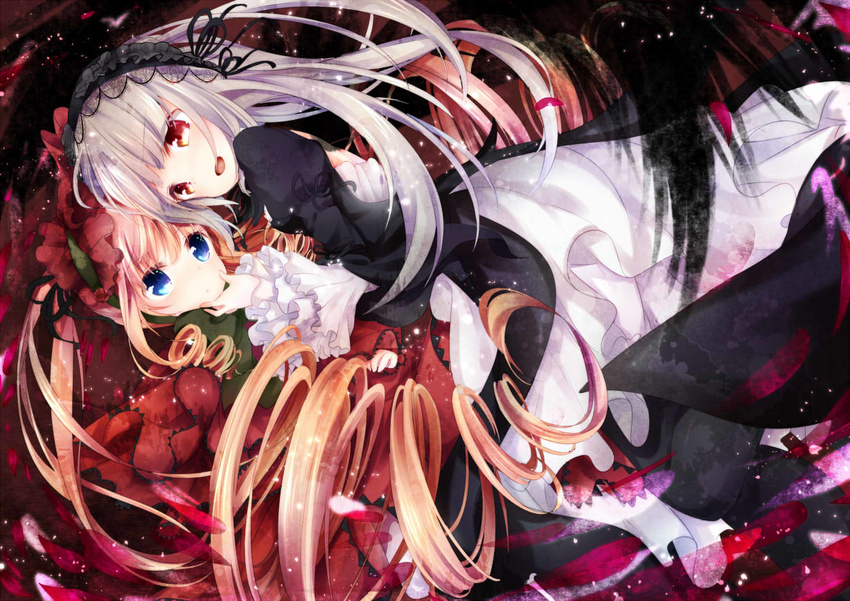 black_dress blonde_hair blue_eyes dress hairband hand_on_another's_chin kofa_(ikyurima) layered_dress lolita_hairband long_hair multiple_girls open_mouth red_dress red_eyes rozen_maiden shinku silver_hair smile suigintou very_long_hair white_dress