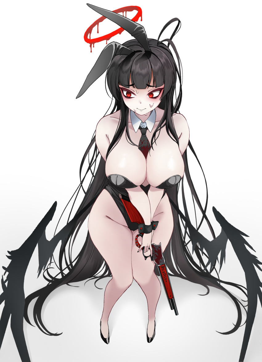 1girl absurdly_long_hair absurdres animal_ears antenna_hair averting_eyes bags_under_eyes bare_legs bare_shoulders black_hair black_leotard black_necktie black_wings blue_archive breasts cleavage collarbone detached_collar fake_animal_ears full_body groin gun halo highleg highleg_leotard highres holding holding_gun holding_weapon large_breasts leotard long_hair melting_halo necktie playboy_bunny rabbit_ear_hairband rabbit_ears red_eyes red_halo short_necktie simple_background solo straight_hair strapless strapless_leotard sweatdrop tsurugi_(blue_archive) ushimochi very_long_hair weapon white_background wings wrist_cuffs