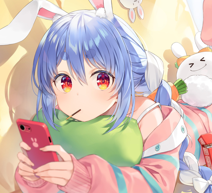 1girl animal_ear_fluff animal_ears blue_hair braid carrot_hair_ornament commentary_request don-chan_(usada_pekora) food food-themed_hair_ornament food_in_mouth hair_ornament highres holding holding_phone hololive hugging_object jacket long_hair looking_at_viewer loungewear lying multicolored_hair on_stomach partially_unbuttoned phone pillow pillow_hug pink_jacket pink_socks pocky pocky_in_mouth rabbit-shaped_pupils rabbit_ears rabbit_girl rabbit_tail red_eyes single_off_shoulder sleeves_past_wrists socks solo spaghetti_strap symbol-shaped_pupils tail thick_eyebrows twin_braids two-tone_hair usada_pekora virtual_youtuber white_hair yuuki_hagure