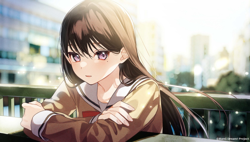 1girl bang_dream! bang_dream!_it's_mygo!!!!! black_hair blurry blurry_background blush booota brown_dress commentary_request dress floating_hair guest_art hanasakigawa_school_uniform light_particles long_hair long_sleeves looking_at_viewer mole mole_under_eye official_art outdoors parted_lips purple_eyes railing red_ribbon ribbon sailor_dress school_uniform second-party_source shiina_taki solo upper_body