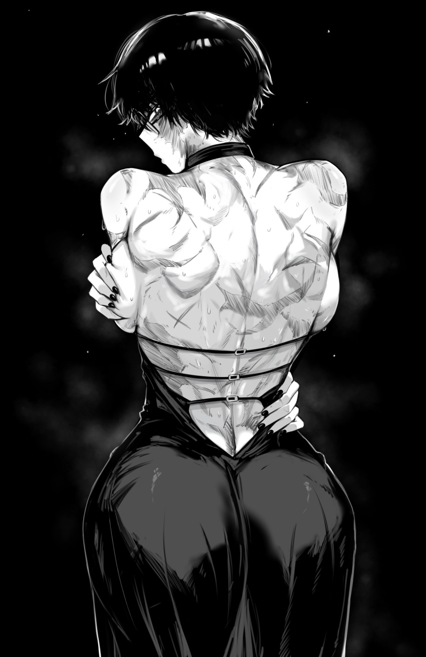 1girl absurdres backboob backless_dress backless_outfit black_background breast_hold breasts dress from_behind glasses greyscale highres jujutsu_kaisen large_breasts looking_back monochrome nail_polish scar scar_on_back short_hair solo standing steaming_body zen'in_maki zovokia