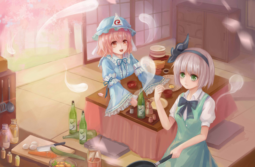 arm_up armband bad_id bad_pixiv_id bottle bow bowl cabinet carrot cherry_blossoms choko_(cup) chopsticks cleaver cooking cucumber cup cushion cutting_board dress egg frying_pan green_eyes hair_ribbon hat hitodama japanese_clothes jar kimono konpaku_youmu kotatsu ladle long_sleeves looking_at_another mob_cap multiple_girls open_mouth petals pink_eyes pink_hair plate puffy_short_sleeves puffy_sleeves ribbon saigyouji_yuyuko short_hair short_sleeves silver_hair sliding_doors spatula table tamaxi tokkuri touhou tree triangular_headpiece wide_sleeves