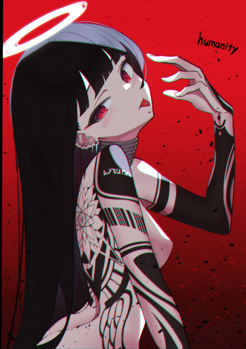 1girl absurdres arm_tattoo back_tattoo black_hair earrings full-body_tattoo halo hand_tattoo highres jewelry long_hair neck_ring piercing red_background red_eyes sene_(nboxdrowing) shoulder_tattoo tattoo tongue tongue_out tongue_piercing