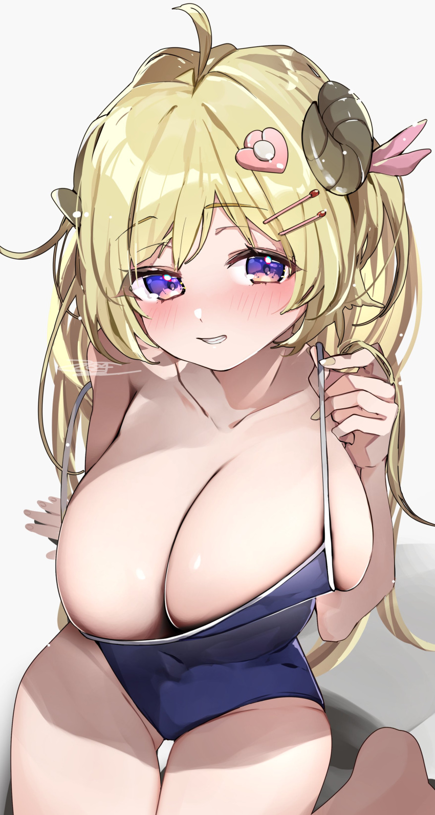 1girl absurdres ahoge alternate_breast_size bare_shoulders blonde_hair breasts collarbone curled_horns grin hair_ornament hairclip highres hololive horns huge_breasts long_hair looking_at_viewer nyas0123 purple_eyes school_swimsuit sheep_girl sheep_horns sitting smile solo swimsuit tsunomaki_watame virtual_youtuber