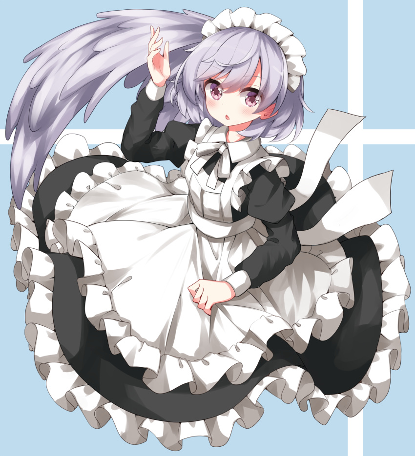 1girl alternate_costume bow bowtie commentary_request feathered_wings grey_hair grey_wings highres kishin_sagume long_sleeves looking_at_viewer maid maid_headdress medium_hair open_mouth pink_eyes ruu_(tksymkw) single_wing solo touhou white_bow white_bowtie wings