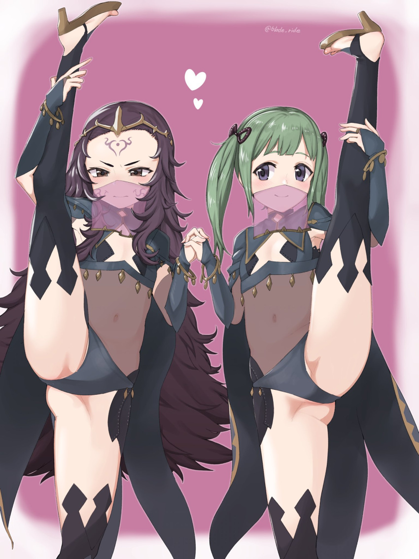 2girls black_hair black_panties blade_ride bodystocking cape commission cosplay dark_mage_(fire_emblem_fates) facial_mark fire_emblem fire_emblem_fates forehead_mark green_hair highres holding_hands messy_hair midori_(fire_emblem) mouth_veil multiple_girls nyx_(fire_emblem) nyx_(fire_emblem)_(cosplay) panties petite red_eyes skeb_commission split standing standing_on_one_leg standing_split tiara two-tone_legwear underwear veil