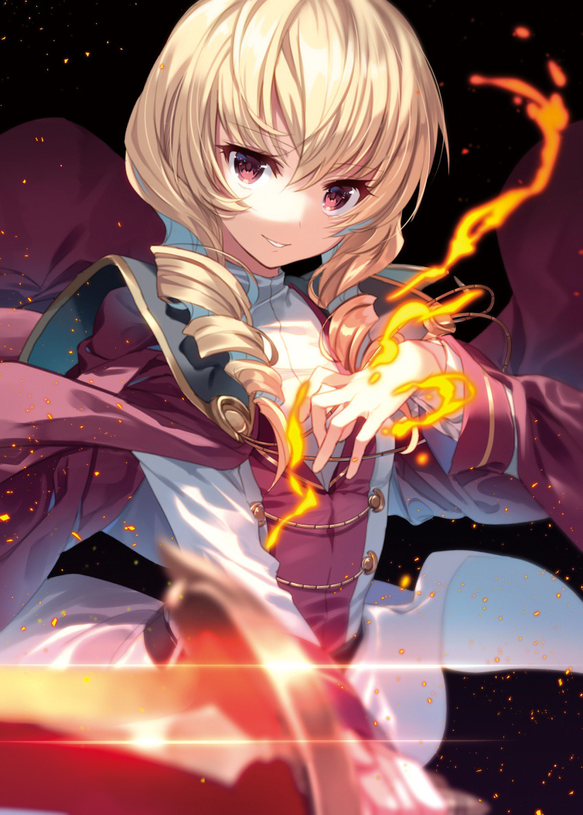 1girl blonde_hair cape drill_hair embers erika_wagner highres kawamaki_uni long_hair looking_at_viewer red_eyes short_sword solo sword twin_drills twintails under_night_in-birth under_night_in-birth_exe:late[st] weapon