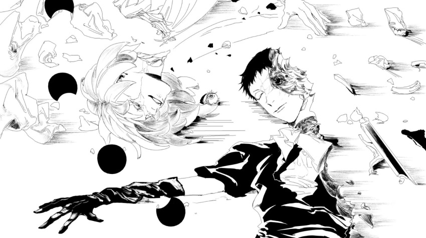 2others body_horror bort broken broken_sword broken_weapon captian closed_eyes closed_mouth commentary cracked_skin diamond_(houseki_no_kuni) eyeball gem_uniform_(houseki_no_kuni) gloves greyscale highres hole_in_head houseki_no_kuni looking_at_another lying monochrome moon_phases moon_uniform_(houseki_no_kuni) multiple_others necktie on_back one-eyed other_focus rotational_symmetry severed_head shards short_hair short_sleeves simple_background smile spoilers sword torn_clothes upper_body very_short_hair weapon