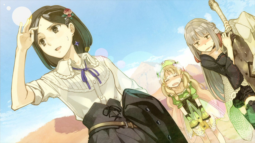 atelier_(series) atelier_ayesha ayesha_altugle black_hair black_legwear blonde_hair brown_eyes closed_eyes day desert dress dutch_angle exhausted frills game_cg grey_hair hair_ornament hairpin half_updo hat hidari_(left_side) highres hot lace lace-trimmed_thighhighs lens_flare linca_(atelier) long_hair marion_quinn multiple_girls official_art shading_eyes short_hair skirt sweat sweatdrop sword thighhighs tired weapon