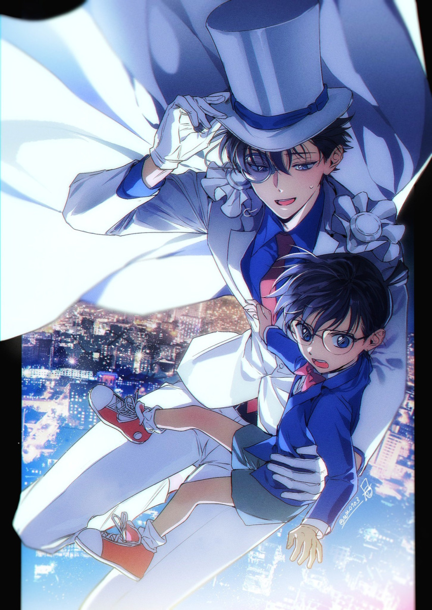 2boys aqua_pants belt black_belt black_hair blue_eyes cape city edogawa_conan glasses gloves hat highres kaitou_kid m_m_pb meitantei_conan monocle multiple_boys necktie night open_mouth outdoors pants red_footwear red_necktie short_hair suit top_hat white_gloves white_headwear white_suit