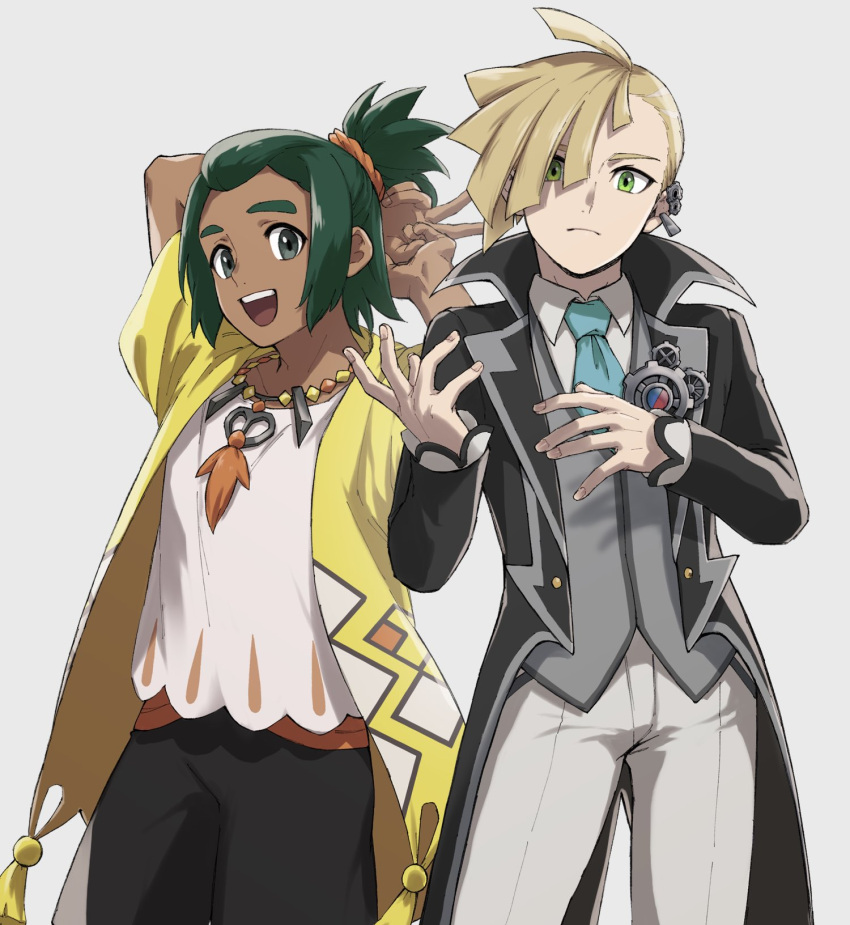 2boys :d black_pants blonde_hair closed_mouth coat collared_shirt commentary_request ear_piercing gladion_(pokemon) gladion_(sygna_suit)_(pokemon) green_eyes green_hair grey_eyes grey_vest hau_(pokemon) hau_(sygna_suit)_(pokemon) highres jewelry long_sleeves male_focus mocollie multiple_boys necklace necktie official_alternate_costume open_clothes open_coat open_mouth pants piercing pokemon pokemon_masters_ex shirt short_hair short_ponytail smile teeth upper_teeth_only v vest white_shirt yellow_coat