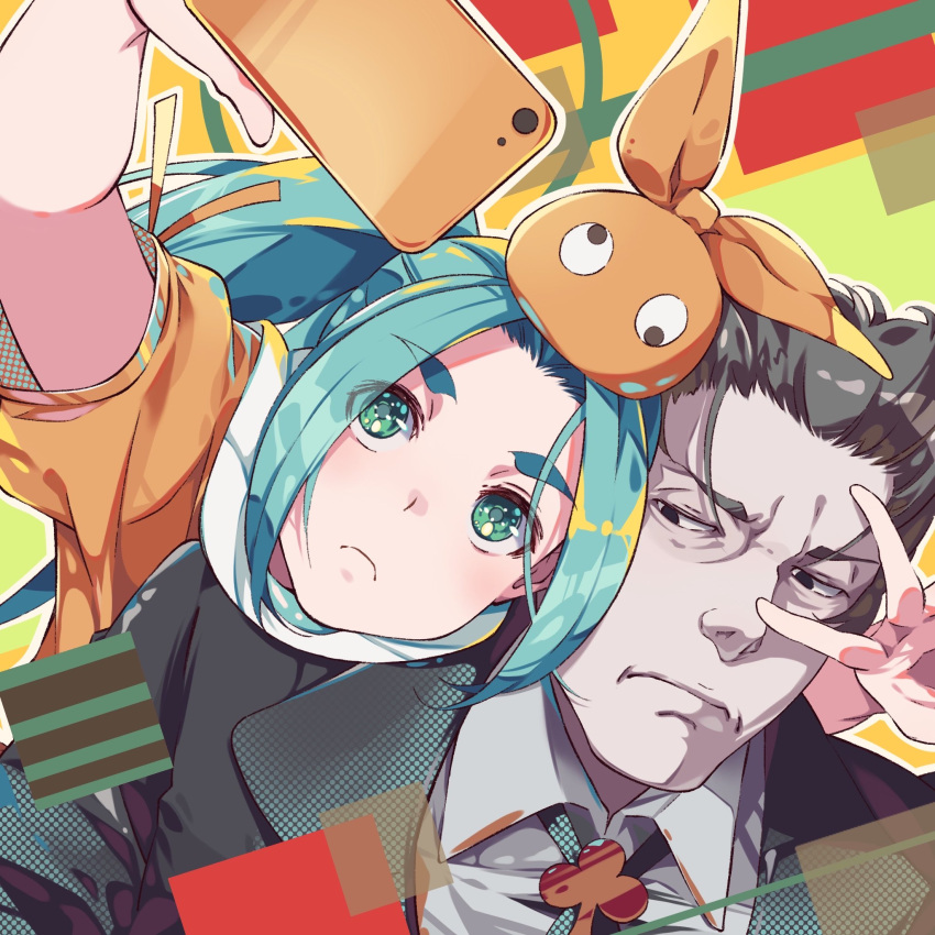 1boy 1girl annoyed aqua_hair arm_up black_eyes black_hair black_jacket black_necktie cellphone closed_mouth club_(shape) collared_shirt dress dress_shirt from_above frown googly_eyes green_eyes hair_slicked_back hatanana_(ag6uptphhal3frd) highres holding holding_phone jacket kaiki_deishuu long_hair looking_at_phone looking_to_the_side monogatari_(series) multicolored_background necktie ononoki_yotsugi orange_dress orange_headwear phone procreate_(medium) selfie shirt short_hair short_sleeves smartphone suit_jacket taking_picture thick_eyebrows twintails v v_over_eye white_shirt