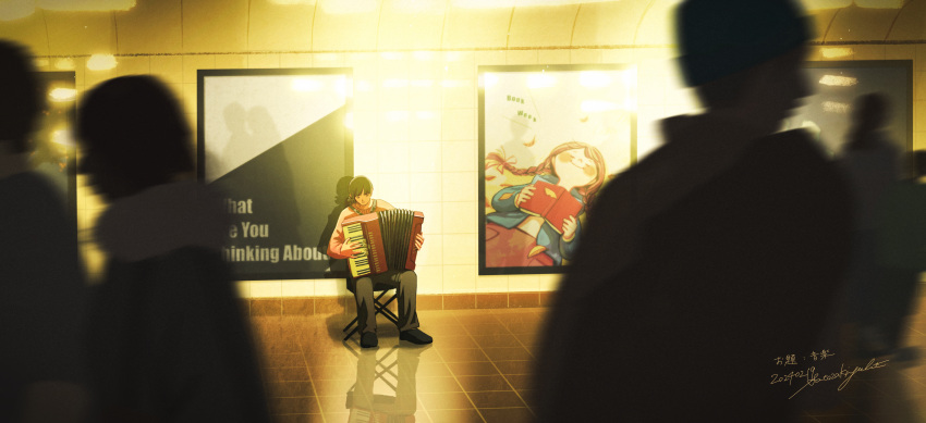 1boy absurdres accordion black_hair black_pants highres indoors instrument music nothingblues_yuki original pants people playing_instrument reflective_floor short_hair sitting solo_focus subway tile_floor tiles