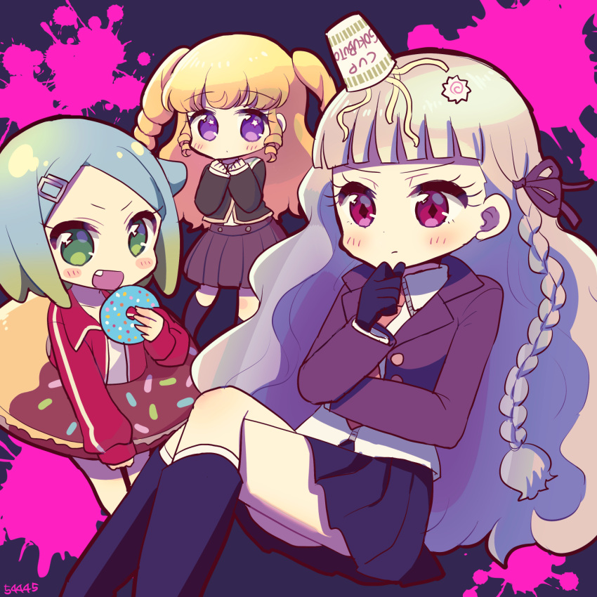 3girls :d asahina_aoi asahina_aoi_(cosplay) black_gloves black_ribbon black_skirt blonde_hair blood blood_splatter blue_hair blunt_bangs braid closed_mouth collared_shirt commentary_request cosplay cup_ramen danganronpa:_trigger_happy_havoc danganronpa_(series) doughnut doughnut_innertube fang food food_on_head fujisaki_chihiro fujisaki_chihiro_(cosplay) gloves gradient_hair green_eyes green_hair grey_hair hair_ribbon hands_up highres holding holding_food idol_time_pripara jacket kamaboko kirigiri_kyoko kirigiri_kyoko_(cosplay) koda_michiru kokichi_yoko long_hair long_sleeves looking_at_viewer miichiru_(pripara) multicolored_hair multiple_girls narutomaki necktie nijiiro_nino object_on_head open_mouth orange_necktie pink_blood pleated_skirt pretty_series pripara purple_eyes purple_jacket red_jacket ribbon ringlets shirt short_hair side_braid sitting skirt smile standing two_side_up very_long_hair wavy_hair white_shirt yumekawa_yui