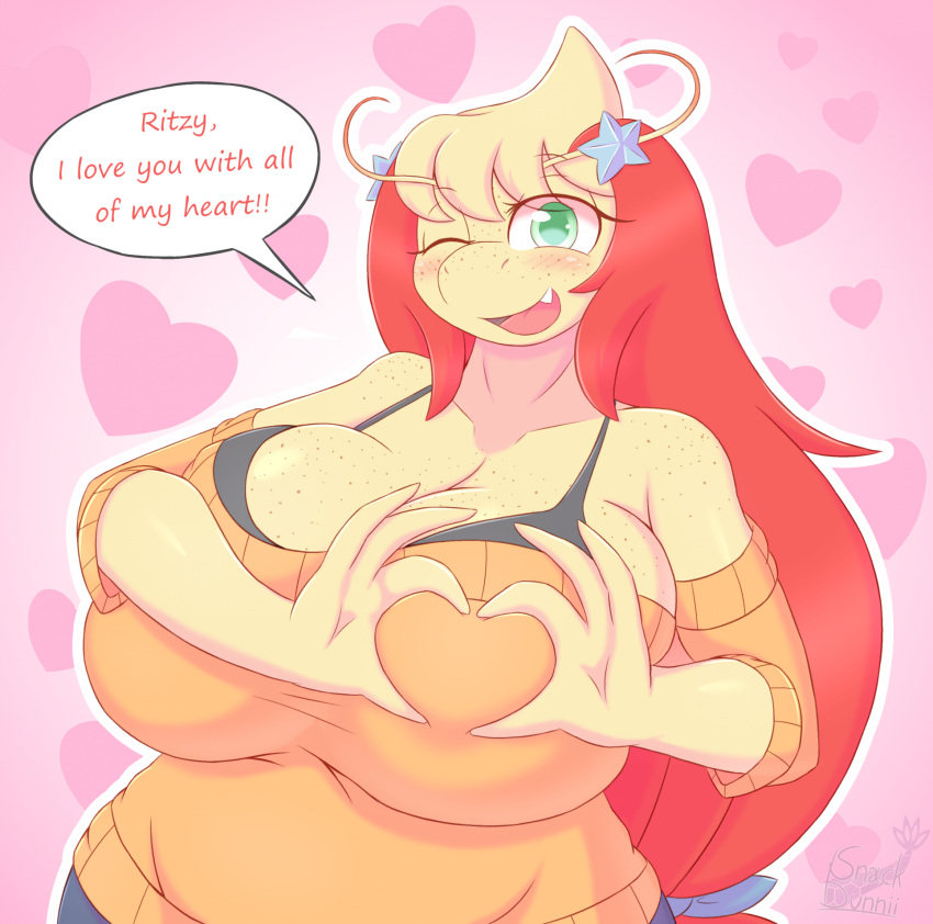 anthro big_breasts breasts bust_portrait cleavage clothed clothing dialogue english_text female freckles generation_3_pokemon gesture green_eyes hair hand_heart hi_res huge_breasts looking_at_viewer marine mila_(snackbunnii) milotic nintendo one_eye_closed pokemon pokemon_(species) portrait red_hair smile snackbunnii solo speech_bubble text wink winking_at_viewer