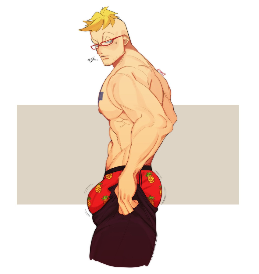 1boy bara blonde_hair bluefriedchick bulge bulge_lift chest_tattoo cowboy_shot cropped_legs dressing glasses highres i've_never_seen_a_guy_recreate_this_successfully_tbh_(meme) large_pectorals male_focus male_underwear marco_(one_piece) meme mohawk muscular muscular_male nipples one_piece open_pants pants pants_lift pectorals pineapple_print print_male_underwear profile red_male_underwear short_hair solo sparse_stubble tattoo topless_male undersized_clothes underwear