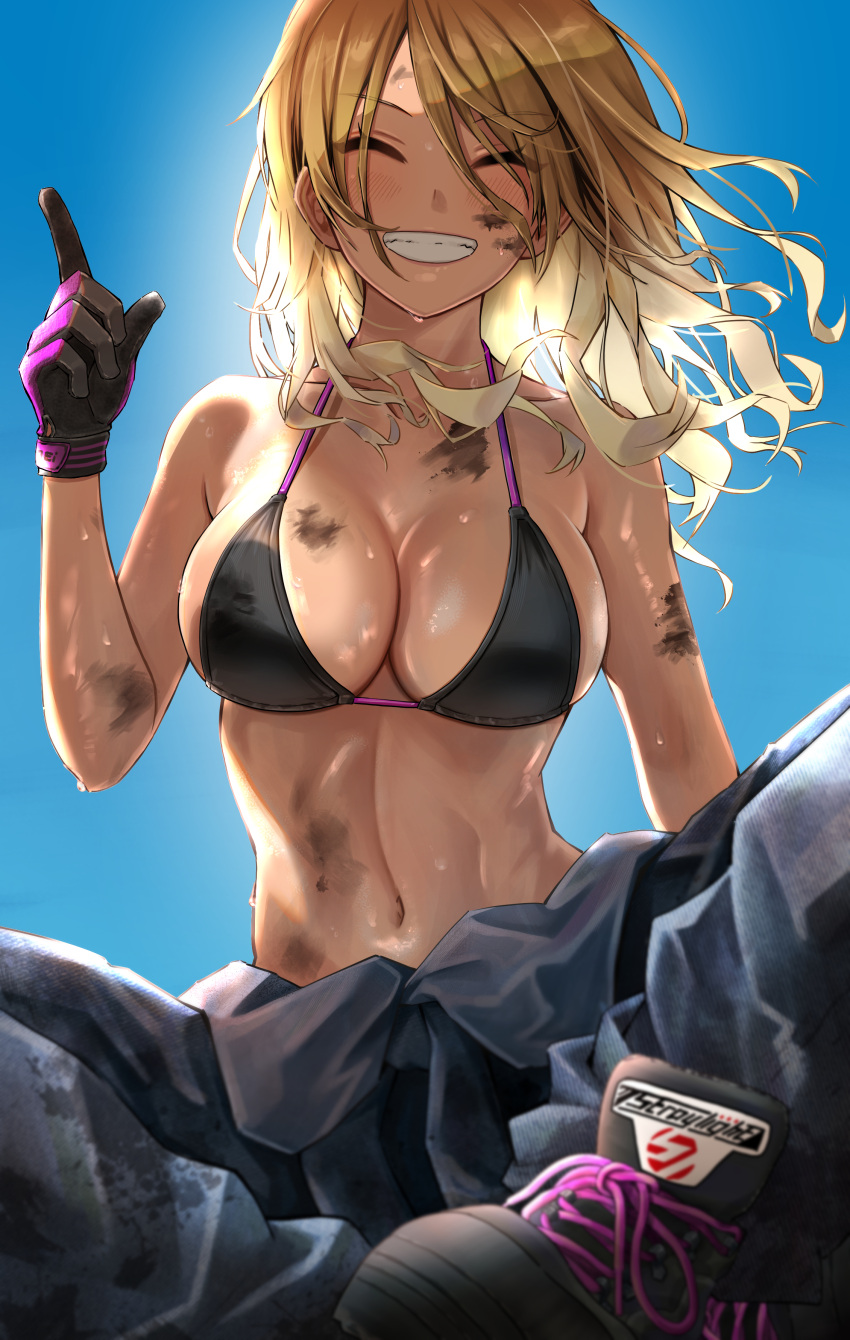 1girl ^_^ absurdres backlighting bare_shoulders bikini bikini_top_only black_bikini black_gloves blonde_hair blue_sky breasts cleavage closed_eyes daiko_(dai1974910) day dirty floating_hair gloves grin hand_up highres idolmaster idolmaster_shiny_colors index_finger_raised izumi_mei large_breasts linea_alba long_hair navel outdoors pants parted_bangs shoes sitting sky smile sneakers solo spread_legs sunlight sweat swimsuit two-tone_gloves
