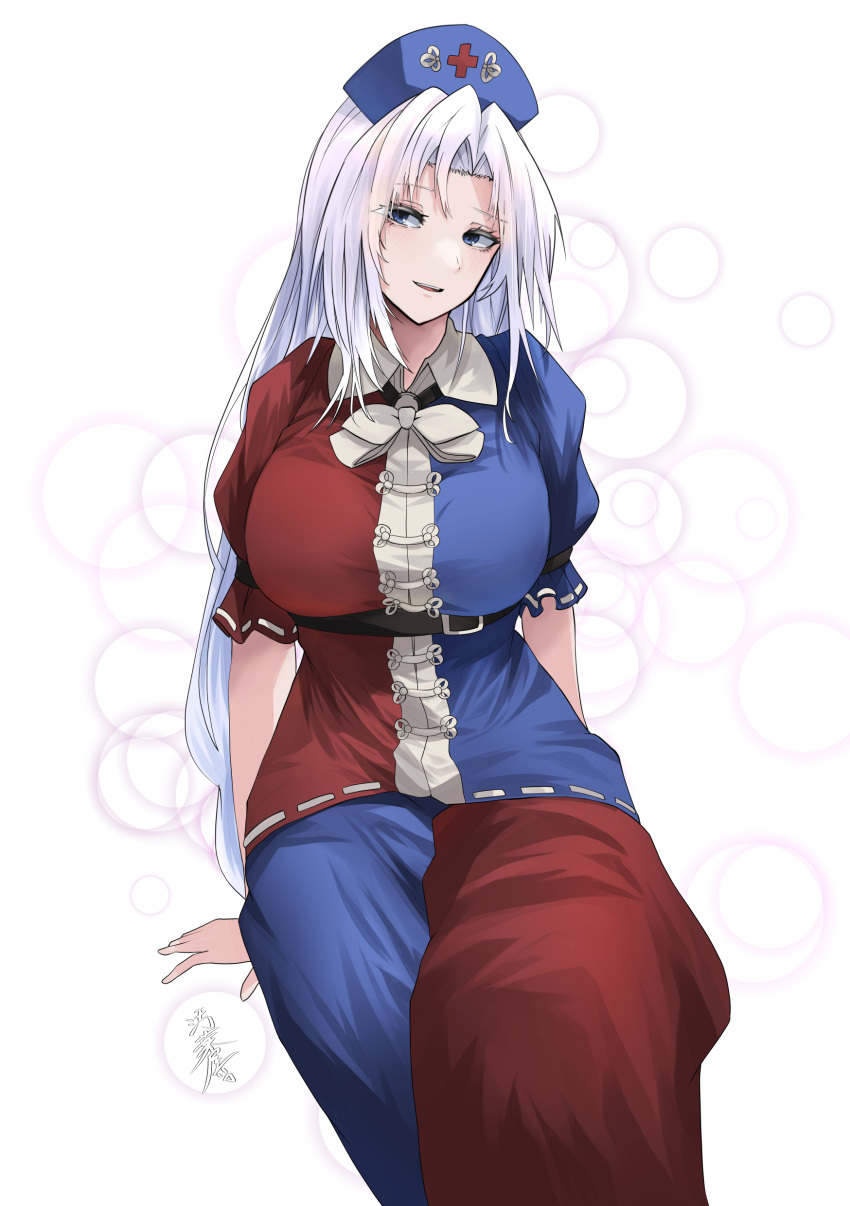 1girl absurdres arm_support artist_name breasts chest_belt colored_skin grey_hair hat highres invisible_chair large_breasts light_smile long_hair looking_at_viewer multicolored_skin nurse_cap puffy_short_sleeves puffy_sleeves short_sleeves sitting solo touhou two-tone_shirt two-tone_skin very_long_hair yagokoro_eirin yagoro_kusuriya