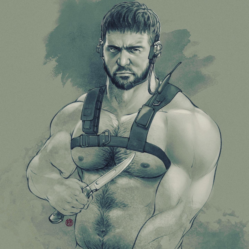 1boy bara chest_hair chris_redfield closed_mouth facial_hair highres holding holding_knife holding_weapon holster instagram_username knife large_pectorals male_focus male_pubic_hair monochrome muscular muscular_male navel nipples nude pectorals pubic_hair resident_evil resident_evil_village short_hair shoulder_holster solo upper_body weapon weibo_username youngyee_art