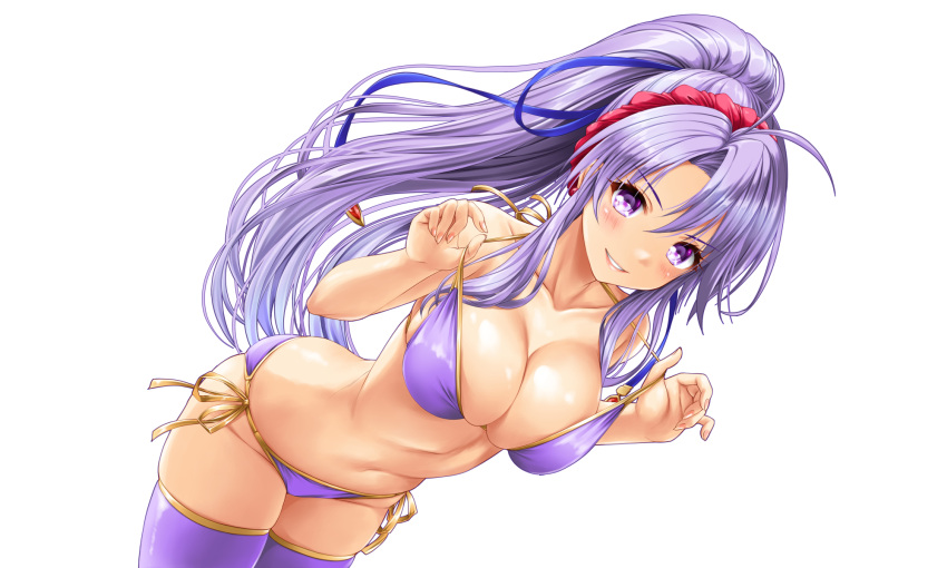 1girl bare_arms bare_shoulders bikini blue_ribbon breasts cleavage collarbone commission dutch_angle fire_emblem fire_emblem:_genealogy_of_the_holy_war groin hair_between_eyes hair_ribbon highres kamiya_tomoe large_breasts lifted_by_self long_hair looking_at_viewer navel parted_bangs pixiv_commission ponytail purple_bikini purple_eyes purple_hair purple_thighhighs ribbon side-tie_bikini_bottom simple_background skindentation smile solo strap_lift swimsuit tailtiu_(fire_emblem) thighhighs very_long_hair white_background