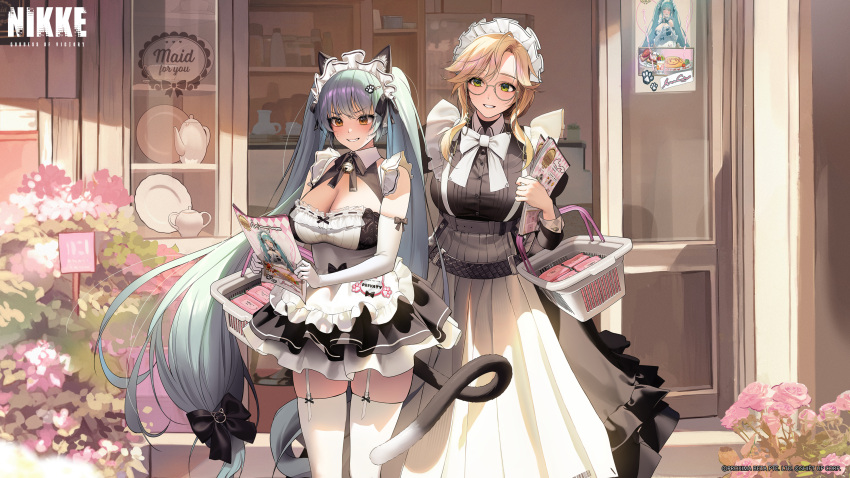 absurdres ade_(nikke) animal_ears apron artist_request basket black_dress black_footwear blue_hair blush breasts brown_eyes brown_hair cafe cat_ears cat_girl cat_tail cleavage closed_mouth cropped cup dress elbow_gloves embarrassed false_smile garter_straps gloves goddess_of_victory:_nikke green_eyes highres holding holding_basket holding_flyer large_breasts long_hair long_sleeves looking_at_another maid maid_apron official_art outdoors privaty_(nikke) second-party_source shoes sidelocks smile standing tail teacup teapot teeth thighhighs twintails very_long_hair watermark white_apron white_gloves white_thighhighs