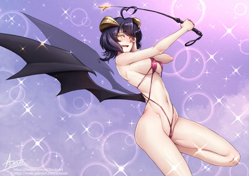 1girl adsouto ahoge bikini black_hair breasts demon_wings forward_facing_horns glowing glowing_eyes hand_on_own_face heart heart_ahoge highres hiiragi_utena holding_riding_crop large_breasts looking_at_viewer low_wings magia_baiser mahou_shoujo_ni_akogarete riding_crop signature solo string_bikini swimsuit tongue tongue_out wings yellow_eyes