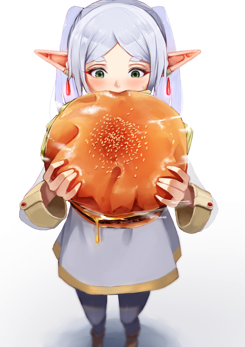 1girl absurdres black_pantyhose bread burger cheese dangle_earrings drop_earrings earrings eating elf food food_in_mouth frieren green_eyes grey_hair highres holding holding_food jewelry kaneko_ryou long_hair pantyhose pointy_ears sesame_seeds simple_background skirt solo sousou_no_frieren twintails white_background white_skirt