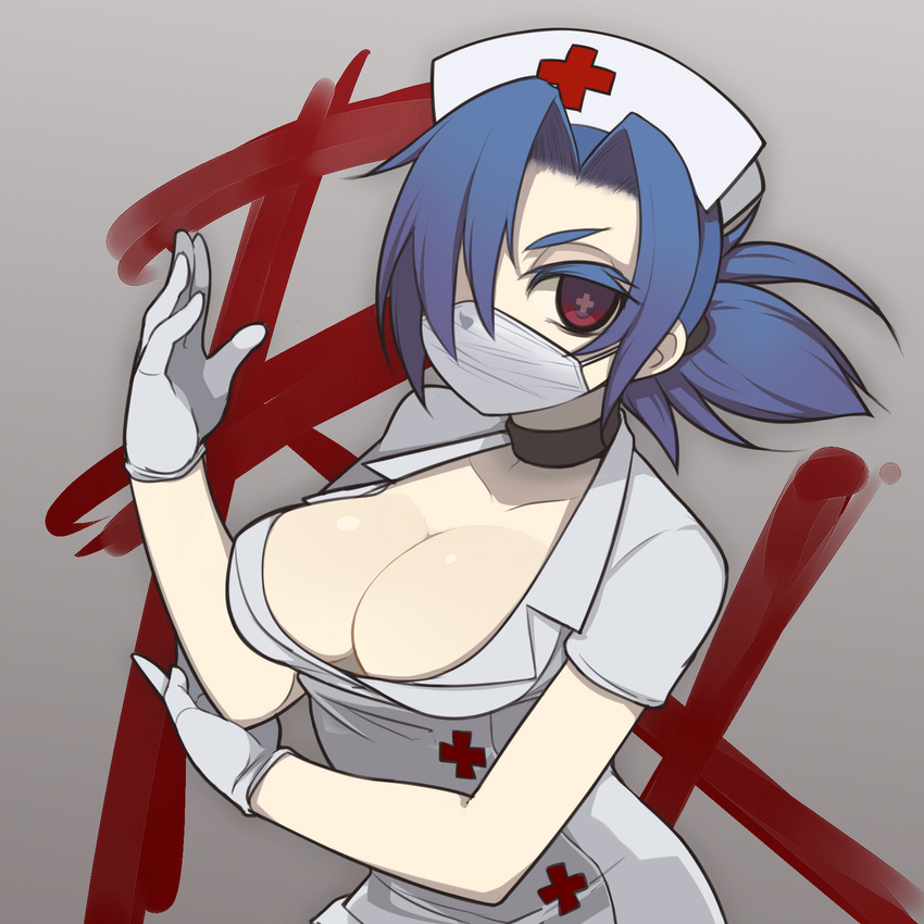 blue_hair breasts choker cleavage gloves hair_over_one_eye hat highres large_breasts mask nurse nurse_cap oza_watto red_eyes skullgirls solo surgical_mask valentine_(skullgirls) white_gloves