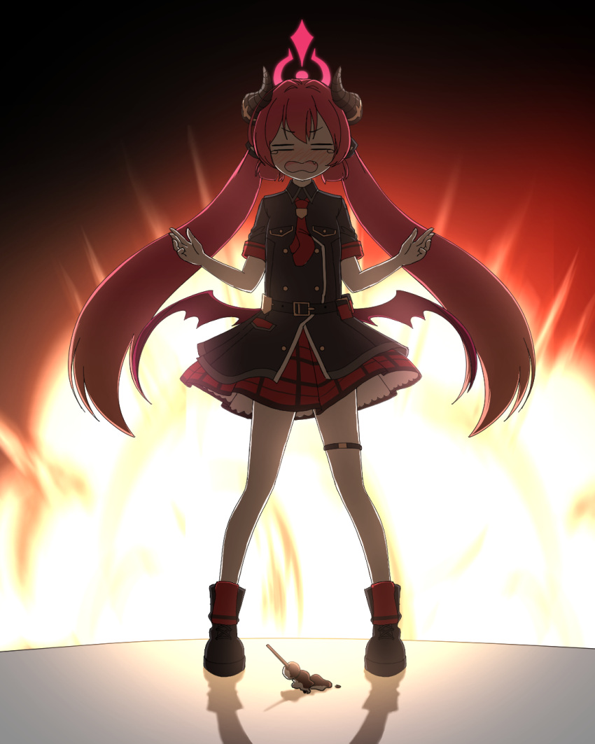 1girl black_footwear black_horns black_jacket blue_archive blush brown_wings demon_horns demon_wings food full_body halo highres horns jacket junko_(blue_archive) long_hair nanju_bami open_mouth pleated_skirt red_hair red_halo red_skirt shoes short_sleeves skirt solo standing tears thigh_strap twintails wings
