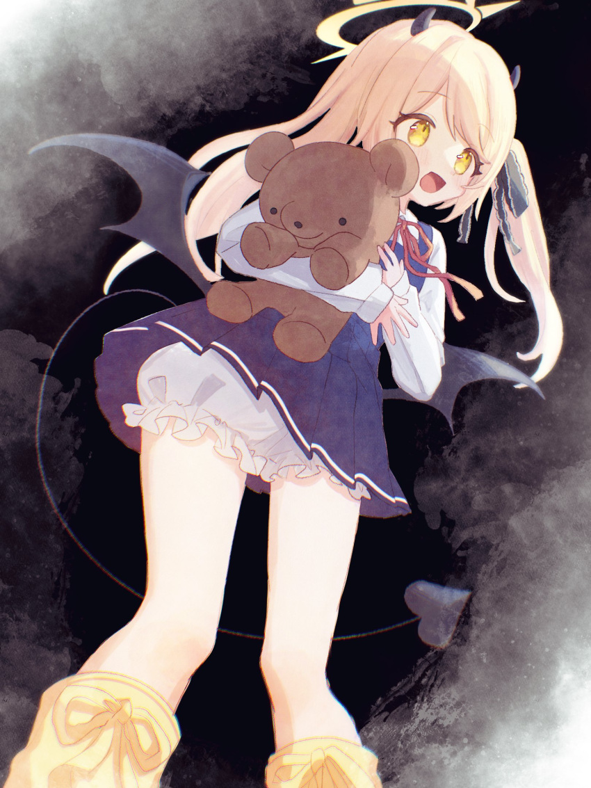 1girl :d black_background black_horns black_ribbon black_tail black_wings blonde_hair bloomers blue_archive blue_dress boots bow commentary demon_girl demon_horns demon_tail demon_wings dress feet_out_of_frame footwear_bow from_below hair_ribbon halo highres holding holding_stuffed_toy horns ibuki_(blue_archive) long_hair long_sleeves low_wings neck_ribbon pinafore_dress pleated_dress qo_pp red_ribbon ribbon rubber_boots shirt sleeveless sleeveless_dress smile solo stuffed_animal stuffed_toy tail teddy_bear white_bloomers white_shirt wings yellow_eyes yellow_footwear yellow_halo