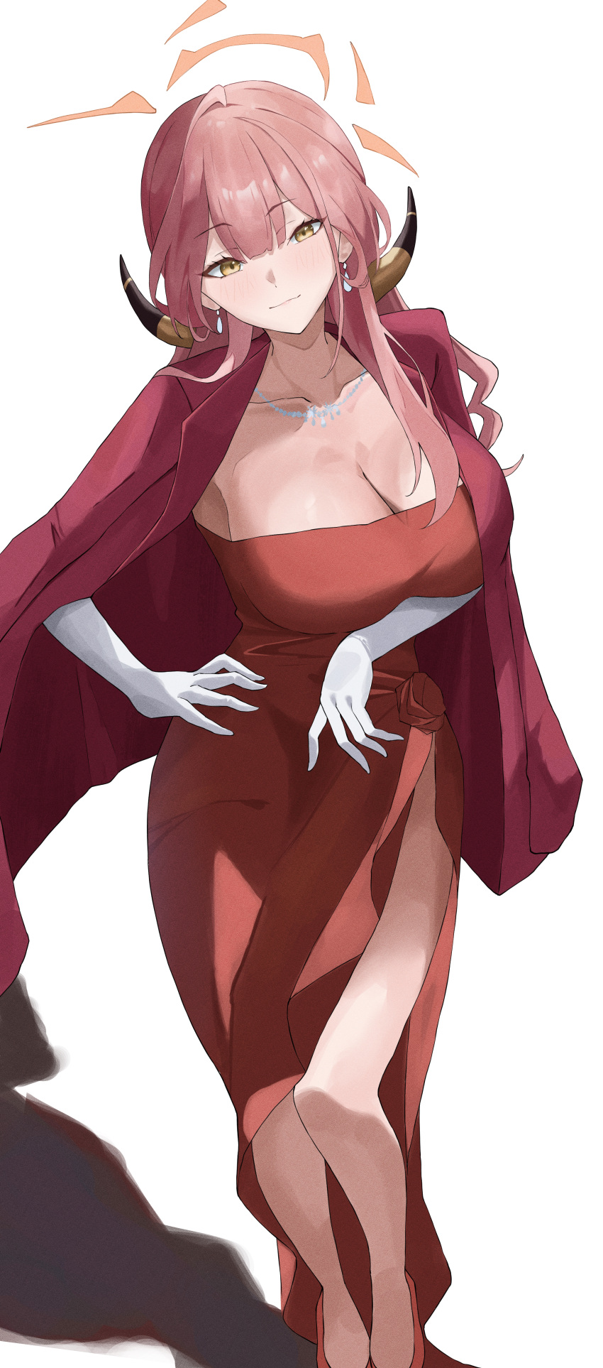 1girl absurdres aru_(blue_archive) aru_(dress)_(blue_archive) blue_archive blush breasts brown_horns cleavage closed_mouth coat coat_on_shoulders collarbone demon_horns dress earrings gloves halo higashiwun_izumi highres horns jewelry long_hair looking_at_viewer necklace official_alternate_costume pink_hair pink_halo purple_hair red_coat red_dress red_footwear shoes simple_background solo white_background white_gloves yellow_eyes