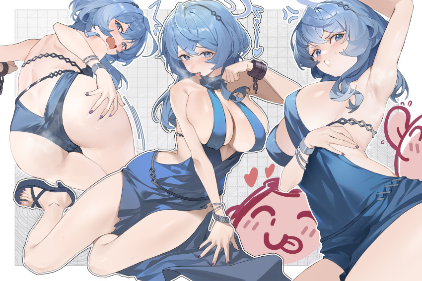 1boy 1girl absurdres ako_(blue_archive) ako_(dress)_(blue_archive) anger_vein angry arm_up armpits ass back backless_dress backless_outfit bare_arms bare_legs bare_shoulders barefoot bent_over blue_archive blue_dress blue_eyes blue_hair blue_halo blush breasts breath cameltoe cleavage cuffs doodle_sensei_(blue_archive) dress evening_gown from_behind full_body hair_between_eyes hair_ornament halo hand_on_own_ass heavy_breathing hetero high_heels highres jewelry large_breasts licking long_hair looking_at_viewer looking_back lushi_jin_up multiple_views official_alternate_costume open_mouth plunging_neckline sensei_(blue_archive) shackles short_hair sideboob sideless_dress sidelocks simple_background single_handcuff sitting sleeveless sleeveless_dress thighs yokozuwari