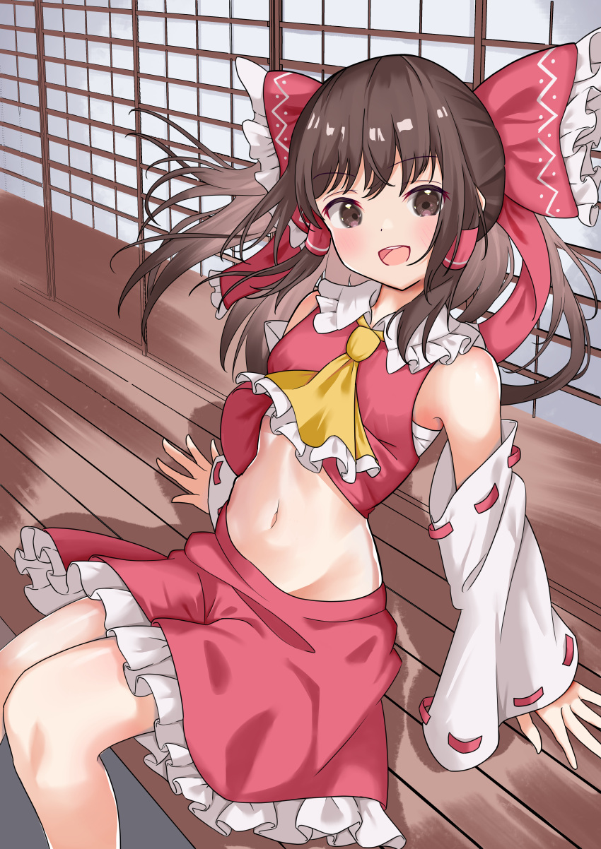 1girl absurdres arm_support ascot bare_legs blush bow brown_hair chest_sarashi collar cropped_shirt detached_sleeves feet_out_of_frame floating_hair frilled_bow frilled_collar frills hair_bow hair_tubes hakurei_reimu highres japanese_clothes looking_at_viewer miko navel on_floor red_shirt red_skirt saimu_taju sarashi shirt sitting skirt sleeveless sleeveless_shirt smile solo stomach touhou wooden_floor yellow_ascot