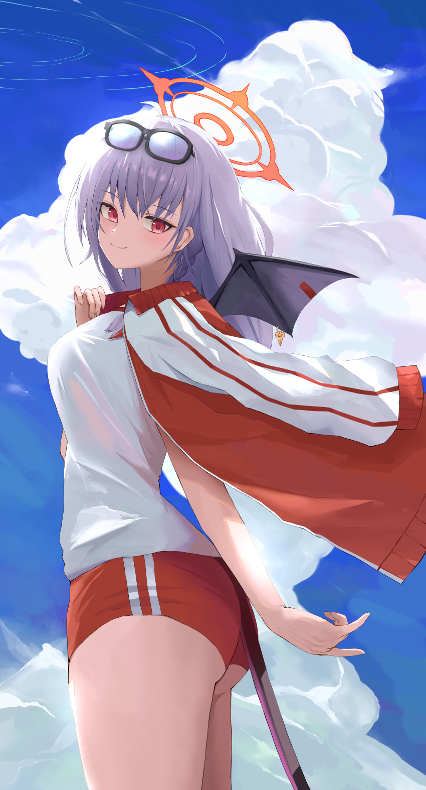 1girl absurdres ahoge aipa arm_at_side ass bat_wings blue_archive blue_sky blush braid breasts buruma closed_mouth cloud commentary_request cowboy_shot cumulonimbus_cloud day eyewear_on_head floating_clothes from_side grey_hair gym_uniform hair_between_eyes halo hand_up haruna_(blue_archive) haruna_(track)_(blue_archive) highres large_breasts long_hair looking_at_viewer orange_halo outdoors red_buruma red_eyes shirt single_braid sky smile solo split_mouth sunglasses tsurime white_shirt wings