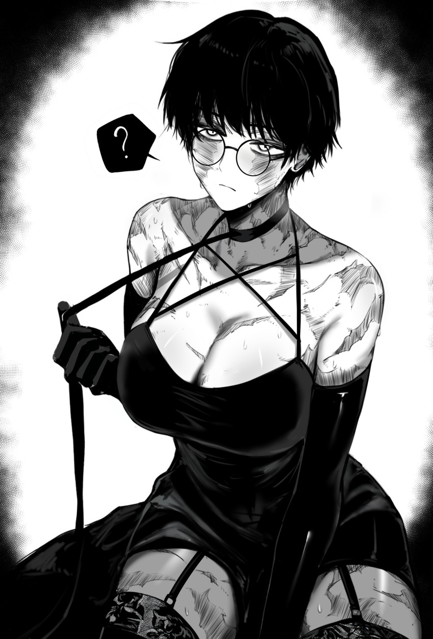 1girl ? absurdres alternate_breast_size bare_shoulders black_dress breasts burn_scar cleavage collar collarbone cowboy_shot criss-cross_straps dress elbow_gloves expressionless floral_print garter_straps glasses gloves greyscale highres holding holding_leash holding_own_leash jujutsu_kaisen lace-trimmed_thighhighs large_breasts leash looking_at_viewer low_neckline messy_hair monochrome round_eyewear scar scar_on_arm scar_on_face scar_on_leg shiny_skin short_hair simple_background sleeveless sleeveless_dress solo spaghetti_strap spoken_question_mark sweat thighhighs very_short_hair vignetting white_background zen'in_maki zovokia