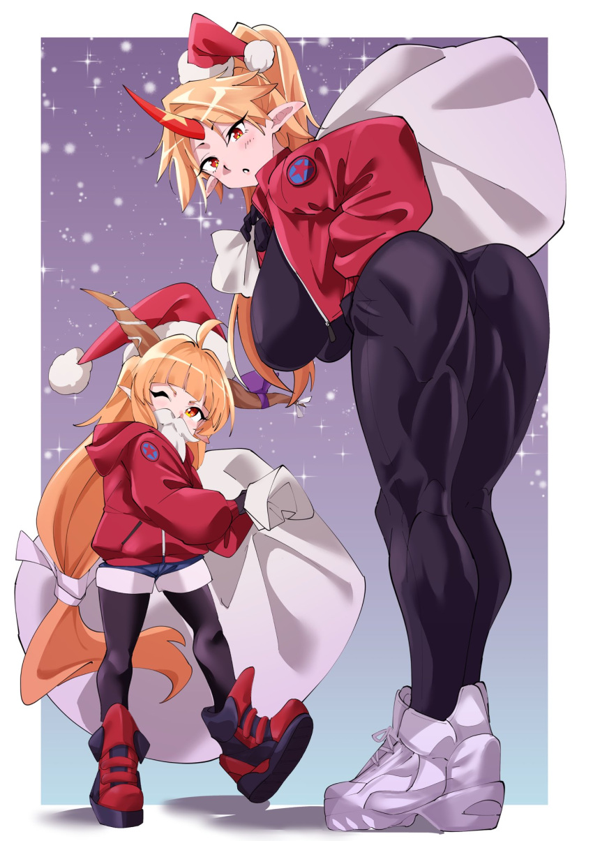 2girls ass black_bodysuit black_gloves blonde_hair bodysuit bodysuit_under_clothes breasts commentary_request fake_beard fake_facial_hair from_behind fugaku_(miko_no_miyatsuguchi) full_body gloves hand_in_pocket hat height_difference highres holding holding_sack hood hooded_jacket horn_ornament horns hoshiguma_yuugi ibuki_suika jacket large_breasts leaning_forward long_hair looking_at_viewer low-tied_long_hair multiple_girls one_eye_closed oni pointy_ears red_footwear red_horns red_jacket sack santa_hat shoes shorts single_horn sneakers star_(symbol) starry_background touhou very_long_hair yellow_eyes