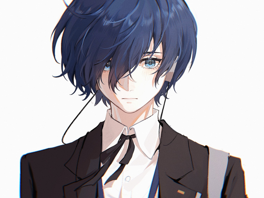 1boy black_jacket black_ribbon blue_eyes blue_hair closed_mouth collared_shirt commentary fiori_(fiofiori_) hair_between_eyes headphones highres jacket looking_at_viewer male_focus neck_ribbon open_clothes open_jacket persona persona_3 persona_3_reload ribbon shirt short_hair simple_background solo upper_body white_shirt yuuki_makoto_(persona_3)