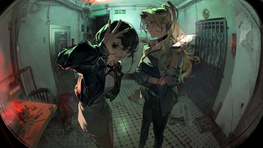 2girls absurdres belt black_belt black_choker black_eyes black_hair black_jacket black_pants black_shirt blonde_hair brown_eyes cellphone chair choker commentary dress emergency_exit english_commentary exit_sign grey_dress grey_jacket grin high_ponytail highres holding holding_phone indoors industrial_pipe jacket long_hair long_sleeves looking_at_viewer medium_hair monobloc_(chair) multiple_girls nemuiz ok_sign ok_sign_over_eye one_eye_closed open_clothes open_jacket original pants parted_lips phone pov_peephole red_ribbon ribbon shirt sidelocks smartphone smile standing table teeth tile_floor tiles