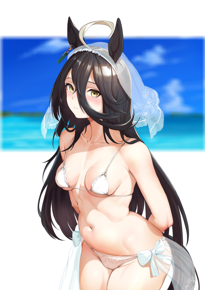 1girl ahoge animal_ears arms_behind_back bikini black_hair blue_sky blurry blurry_background blush breasts closed_mouth cloud collarbone commentary_request commission day effort_star hair_between_eyes highres horse_ears horse_girl horse_tail long_hair manhattan_cafe_(umamusume) navel ocean outdoors sarong see-through_sarong simple_background sky small_breasts smile solo standing stomach swimsuit tail umamusume underboob veil white_background white_bikini yellow_eyes