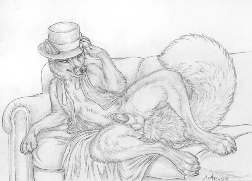 anthro balls canid canine claws clothing digitigrade feet fluffy fluffy_tail fox furniture genitals hat headgear headwear hi_res looking_at_viewer lying male mammal monochrome paws penis pose red_fox rukis simple_background smile smirk sofa solo tail toe_claws toes victorian