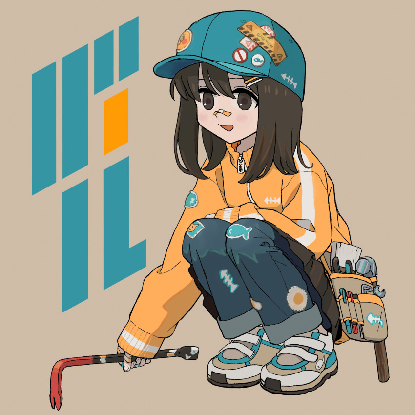 1girl :d allen_wrench bandaid bandaid_on_face bandaid_on_nose baseball_cap black_hair brown_eyes brown_hair crowbar denim hammer hat highres holding_crowbar jeans long_hair marker nerio_(neri_akira) original paintbrush pants pliers screwdriver shoes simple_background smile sneakers solo squatting sticker tool_kit wrench