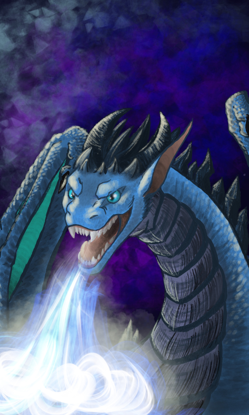 absurd_res ambiguous_gender angry angry_expression angry_eyes blue_body blue_eyes blue_theme breath_powers claws colored crown_of_thorns digital_drawing_(artwork) digital_media_(artwork) dragon dragonita european_mythology female feral headshot_portrait hi_res horn long_ears long_neck membrane_(anatomy) membranous_wings mythological_creature mythological_scalie mythology nice_koshkojena open_mouth portrait scales scalie simple_background solo teeth western_dragon wing_claws wings