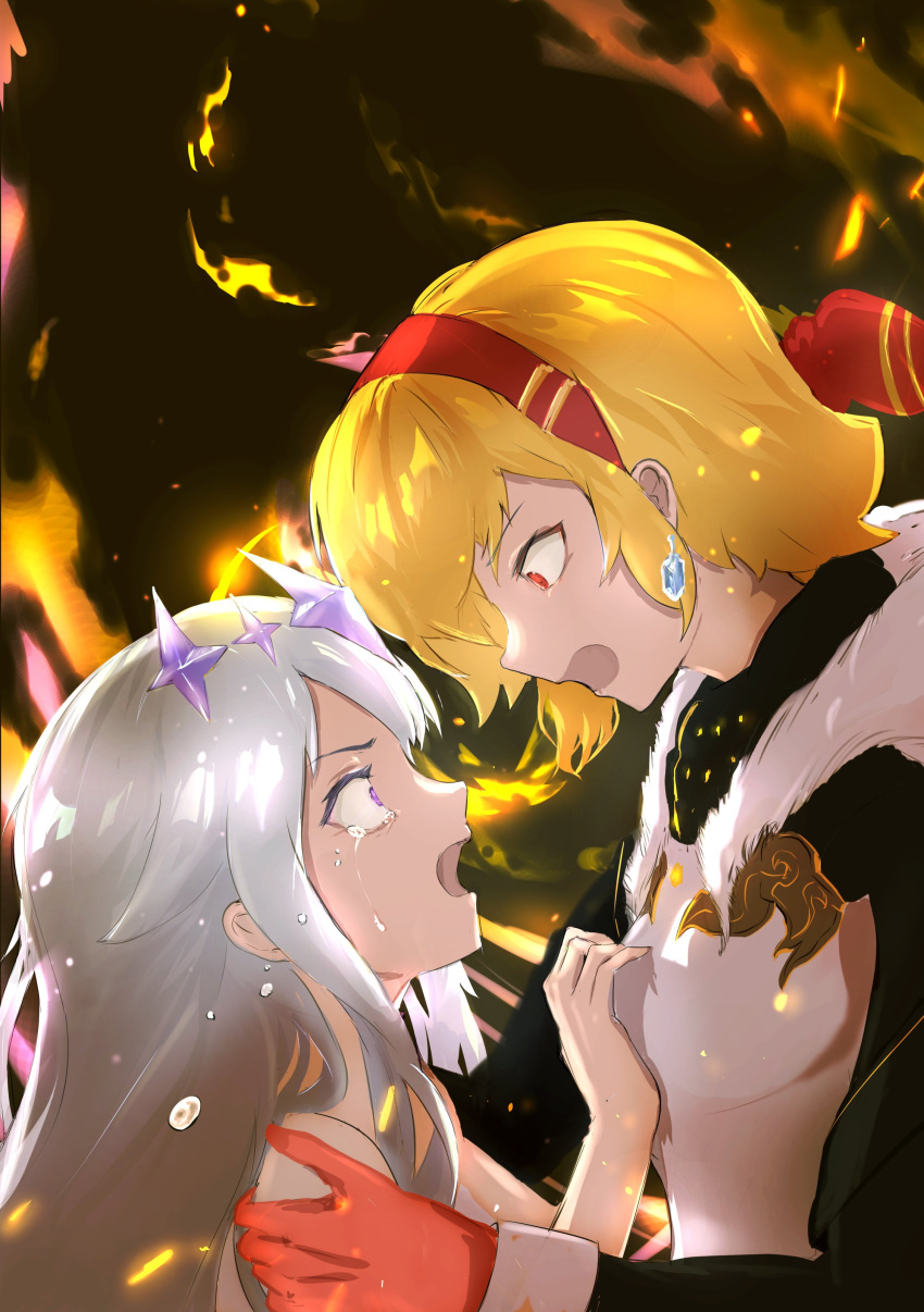 2girls absurdres blonde_hair crying crying_with_eyes_open hand_on_another's_chest hand_on_another's_shoulder highres hololive hololive_english hololive_indonesia kaela_kovalskia katoshseisou koseki_bijou long_hair multiple_girls purple_eyes red_eyes short_hair tears textless_version virtual_youtuber