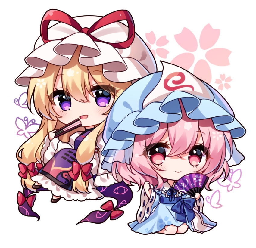 2girls black_footwear blonde_hair blue_headwear blue_kimono blush closed_mouth commentary dress folded_fan folding_fan frilled_kimono frills gap_(touhou) hair_between_eyes hand_fan hat highres holding holding_fan japanese_clothes kimono long_hair long_sleeves looking_at_viewer mob_cap multiple_girls obi open_mouth pink_eyes pink_hair pudding_(skymint_028) purple_eyes saigyouji_yuyuko sash shoes short_hair smile tabard touhou triangular_headpiece white_dress white_headwear wide_sleeves yakumo_yukari