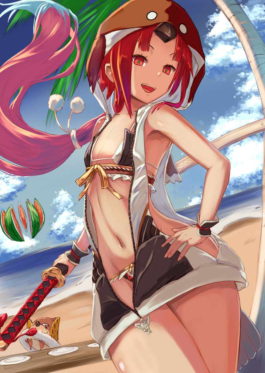 1girl absurdres beach benienma_(fate) bikini bird bird_hood black_bikini black_vest blue_sky blush breasts brown_headwear fate/grand_order fate_(series) food fruit highres hood hooded_vest hoodie inugami86 katana long_hair looking_at_viewer low_ponytail navel open_mouth parted_bangs red_eyes red_hair shore sideless_outfit sky small_breasts smile swimsuit sword thighs very_long_hair vest watermelon weapon white_vest