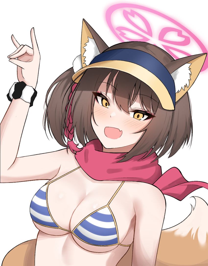 animal_ear_fluff animal_ears bikini black_hair blue_archive blush breasts fang fox_ears fox_shadow_puppet fox_tail halo highres hinmyoi izuna_(blue_archive) izuna_(swimsuit)_(blue_archive) medium_breasts official_alternate_costume open_mouth pink_halo pink_scarf scarf short_hair simple_background skin_fang striped_bikini striped_clothes swimsuit tail upper_body white_background yellow_eyes